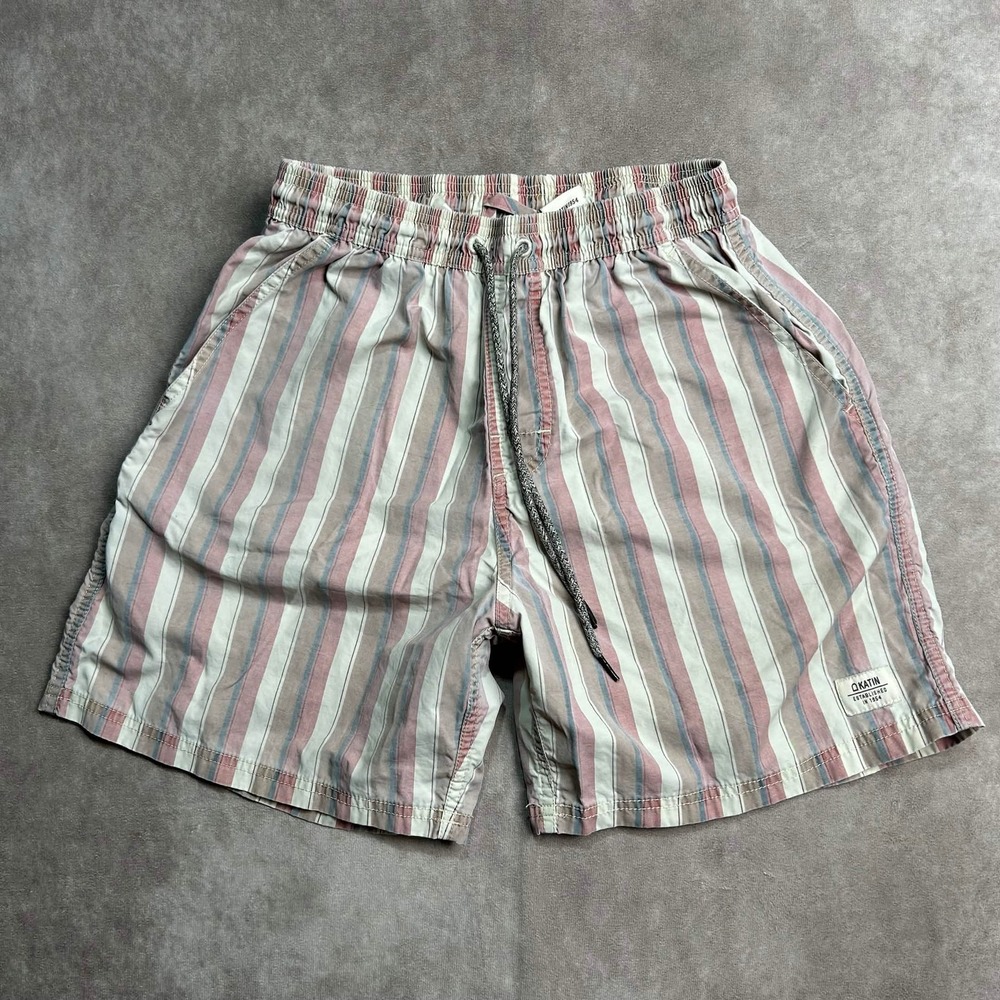 Katin Mens Striped Elastic Waist Surf Swim Shorts Red Blue Tan Size M Drawstring